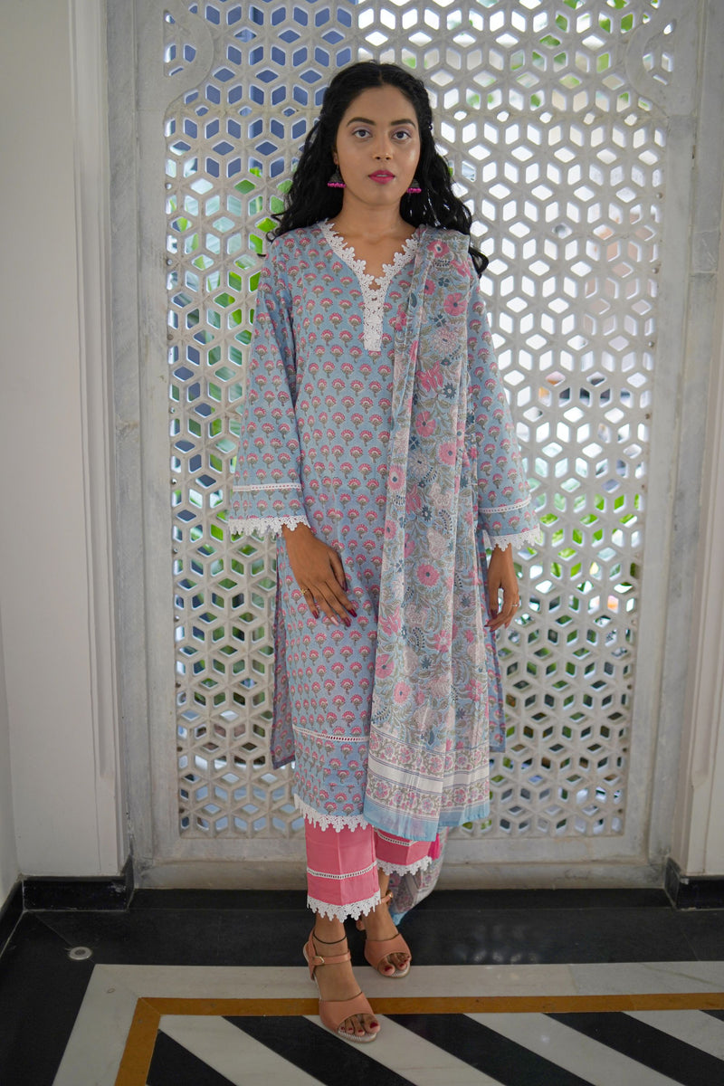 Suhaani Light Blue Handblock Straight Suit Set