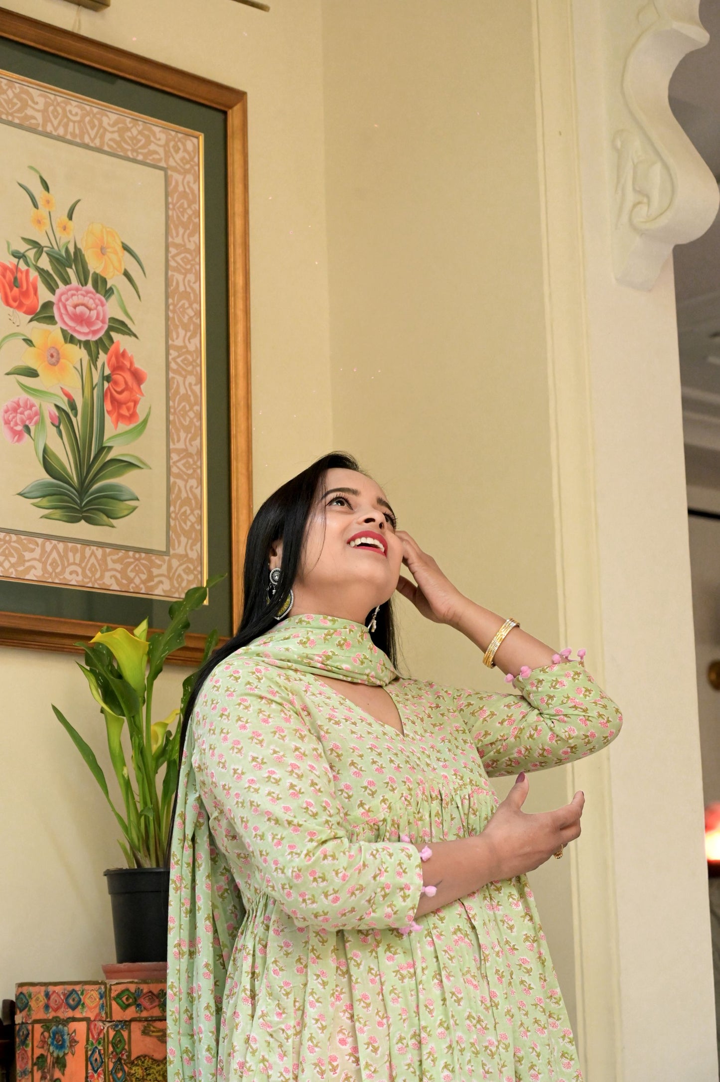 Gulabo Pista Green Handblock Mulmul Flared Suit Set