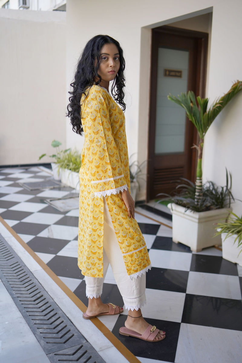 Yellow-White stylish Kurta Pants Set