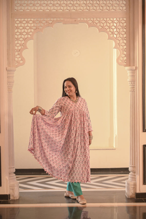 Feriha Lilac Handblock Mulmul Kurta-Pant Set