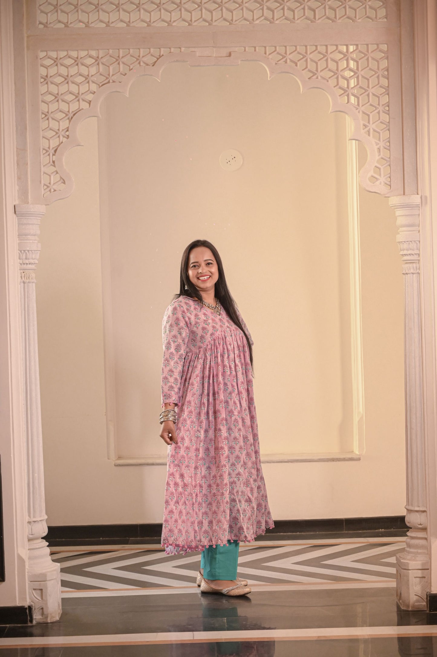 Feriha Lilac Handblock Mulmul Kurta-Pant Set